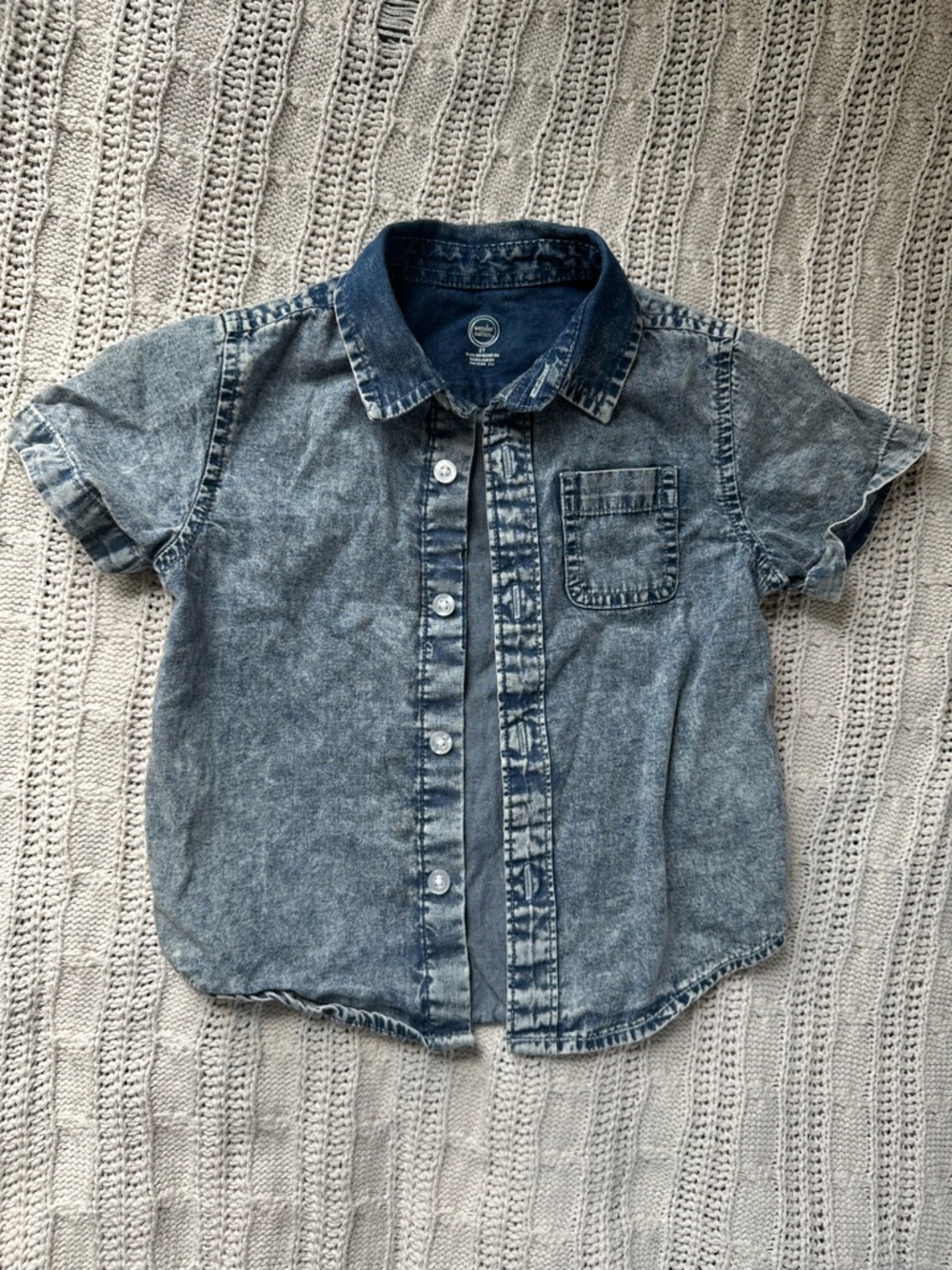 wonder nation Acid Wash Short-Sleeve Denim Button-Up Shirt - Blue